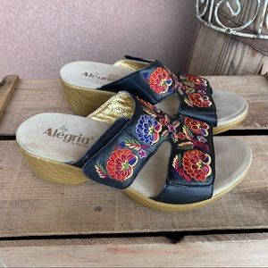 Alegria Embroidered Leather Slip On Sandals